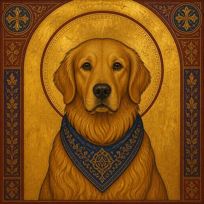 portrait of a golden retriever wearing a blue bandana, warm plain backdrop, no text