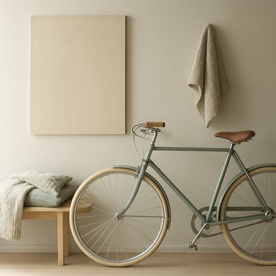 bicyle resting against a wall