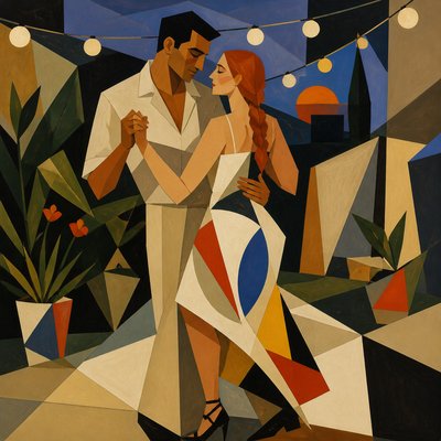 an original couple dancing under string lights in a garden at dusk: a man with short black hair in a linen shirt and a woman with braided red hair in a summer dress