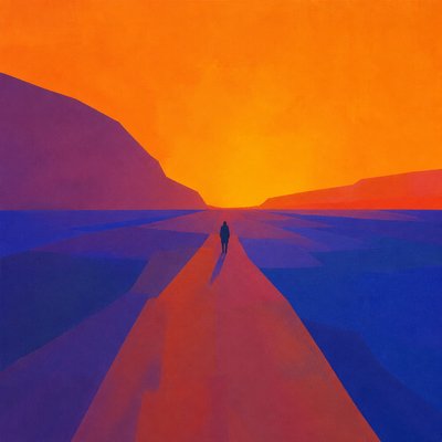 a solitary figure walking toward a glowing horizon across an empty plain, moody atmosphere, no text or lettering