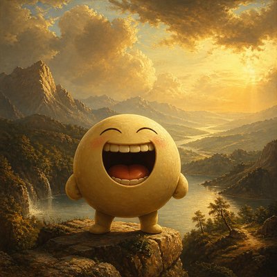 an exaggerated laughing face of an original round mascot character, bold and readable at small size, plain background, no text