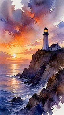 a lone lighthouse on a cliff at dusk under a dramatic sky, no text or lettering