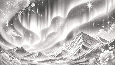 a flowing aurora over snowy peaks, wide sweeping composition, no people, no text