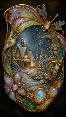 a snow-covered cottage with warm glowing windows beside a decorated pine tree, gentle snowfall, no text