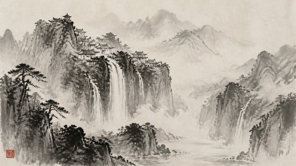 a cliffside city with waterfalls cascading into a misty canyon, wide establishing shot, no people, no text