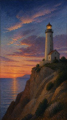 a lone lighthouse on a cliff at dusk under a dramatic sky, no text or lettering