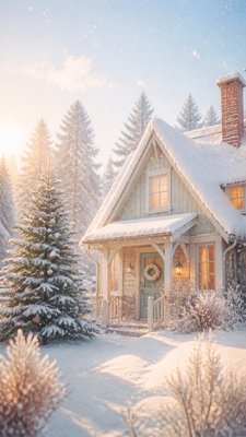 a snow-covered cottage with warm glowing windows beside a decorated pine tree, gentle snowfall, no text