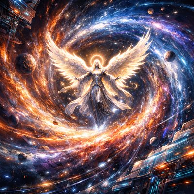A sweeping digital fantasy painting of a majestic angel with large, feathered wings made of glowing white light and golden energy, suspended within the center of a massive cosmic whirlwind. The whirlwind itself is a swirling spiral galaxy, composed of vibrant nebulae, millions of sparkling stars, dust lanes in deep blues, purples, and oranges, and miniature planets caught in the flow. The angel, wearing flowing, armored robes of starlight, looks serene with outstretched arms. The background is the dark expanse of deep space filled with distant galaxies. The style is epic and cinematic.