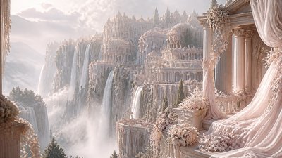 a cliffside city with waterfalls cascading into a misty canyon, wide establishing shot, no people, no text