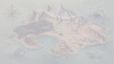 a map of an island realm with mountains, forests, a sheltered bay, sea monsters in the water and a compass rose, no text labels