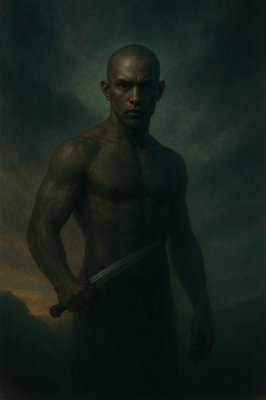 a painting of a man holding a knife
