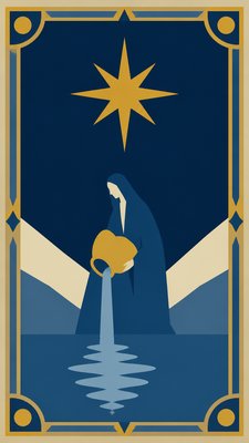 a robed figure pouring water beneath a large eight-pointed star in a night sky, symmetrical composition with an ornate decorative border, no text