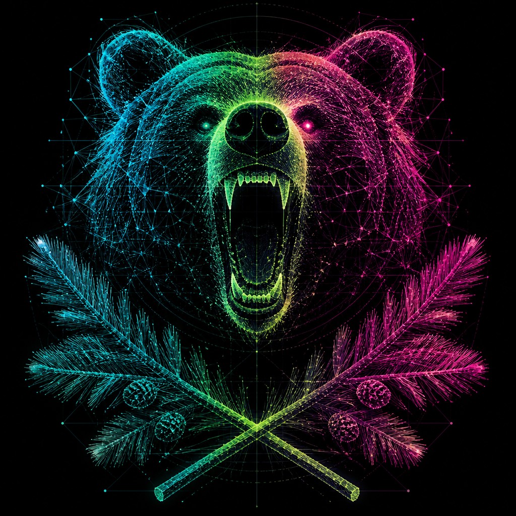 a roaring bear head above crossed pine branches, bold graphic composition on a plain background, no text