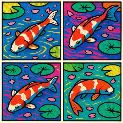 A koi pond seen from above, orange and white koi fish swimming among lily pads, clear water with subtle ripples, fallen cherry blossom petals floating on the surface, dappled sunlight