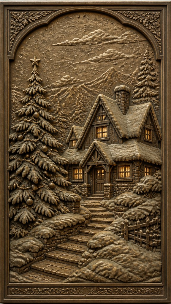a snow-covered cottage with warm glowing windows beside a decorated pine tree, gentle snowfall, no text