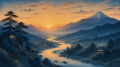 a vast valley with a river winding toward distant mountains at sunrise, no people, no text