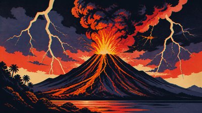 an erupting volcano with lightning strikes, dramatic wide composition, no text