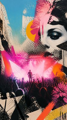 a live music scene with a glowing stage and silhouetted crowd, energetic vertical composition with open space at the top, no text