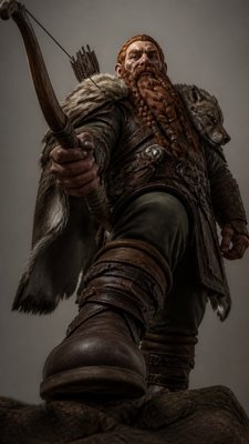 full-body original character: a dwarven ranger with a braided auburn beard, worn leather armor, a longbow and a wolf-pelt cloak, neutral background, no text