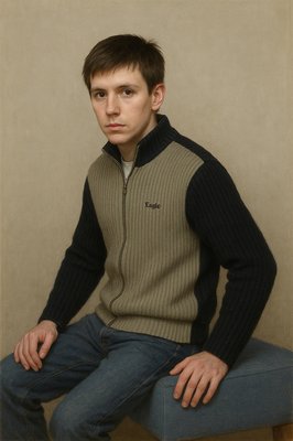 a young man sitting on a bench in front of a wall