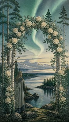 an arch of white roses and eucalyptus in soft morning light, elegant vertical composition with open space, no text