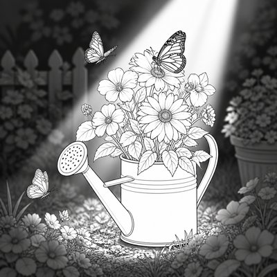 a garden scene with butterflies, flowers and a watering can, clean uncolored line art, no text