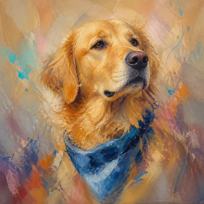 portrait of a golden retriever wearing a blue bandana, warm plain backdrop, no text