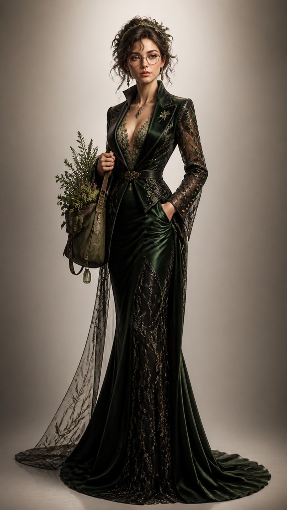full-body original character: a wandering botanist with a satchel of plants, a patched green cloak, tall boots and round glasses, neutral background