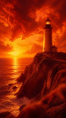 a lone lighthouse on a cliff at dusk under a dramatic sky, no text or lettering