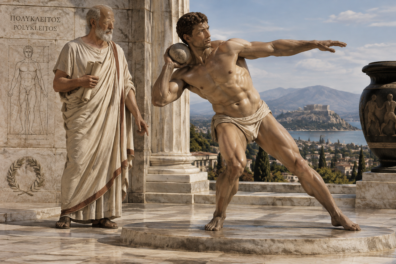 Polyclitus standing with an athlete throwing a shot put