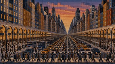 bustling city street panorama at dusk