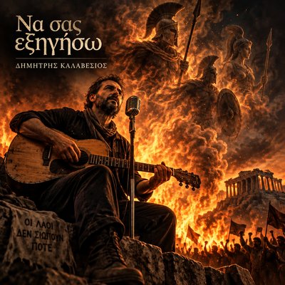 Generate square music cover for the protest song "Να σας εξηγήσω" by the independent Greek artist "Δημήτρης Καλαβέσιος". Genre: folk protest / spoken word. Visual concept: a musician sitting with an acoustic guitar and a vintage microphone in front of him, captured from a low angle looking slightly upward, creating a heroic posture. Behind him, a fire illuminates the scene, and from the smoke rise shadowy ancient Greek warrior figures—their forms composed of smoke and embers, morphing into the flames. The scene is dramatic and cinematic with a painterly, gritty texture. Lighting: warm firelight with deep shadows, high contrast, and a glowing ember effect. Mood: intense, defiant, and soulful. Color palette: ember orange, charcoal black, and warm sepia tones. 3000x3000px.
