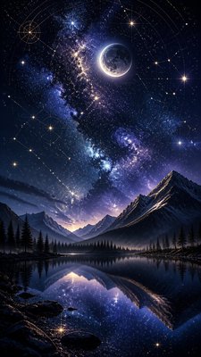 a tranquil mountain lake beneath a starry night sky, no people, no text