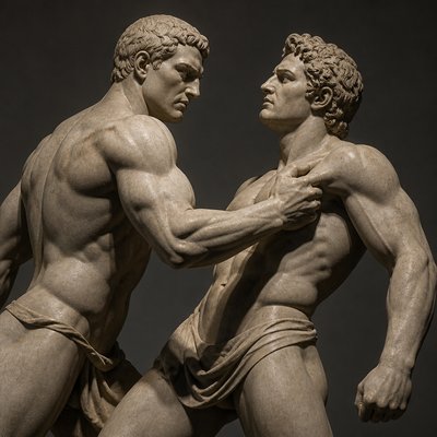 ancient greek athlete grabs another athlete by the chest