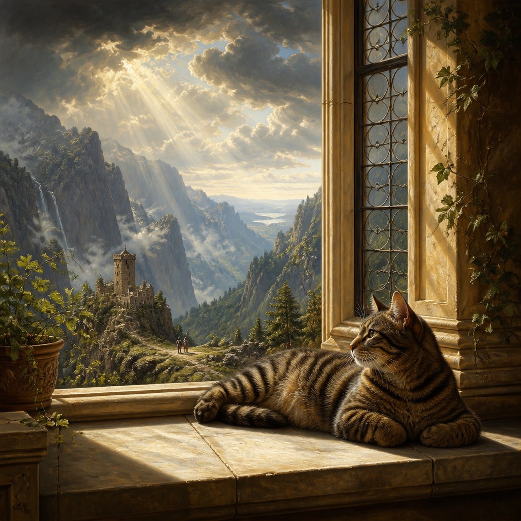 a cat lounging in a sunlit window — Düsseldorf School Art Style