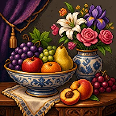 still life arrangement of fruits and flowers