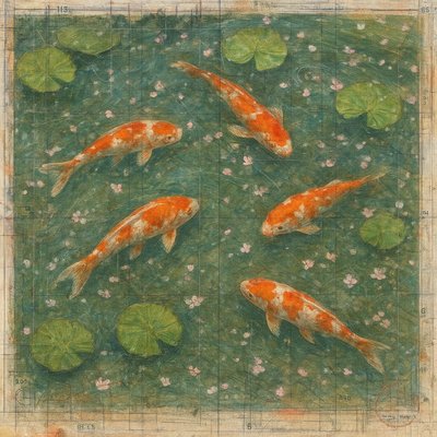 A koi pond seen from above, orange and white koi fish swimming among lily pads, clear water with subtle ripples, fallen cherry blossom petals floating on the surface, dappled sunlight