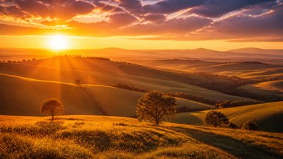 rolling hills with scattered trees under a big dramatic sky, no people