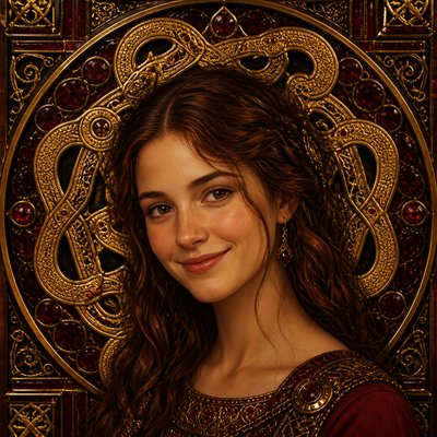 head-and-shoulders portrait of an original character: a young woman with wavy chestnut hair and a warm smile, plain soft backdrop