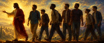 a painting of a group of people standing in front of a sunset