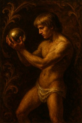 a painting of a man holding a golden ball