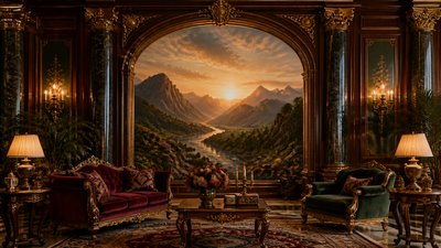a vast valley with a river winding toward distant mountains at sunrise, no people, no text