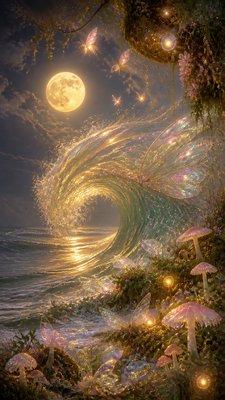 an ocean wave curling under moonlight, no people