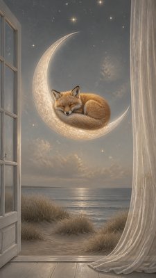 a sleeping baby fox curled on a crescent moon among soft stars, gentle and warm, no text