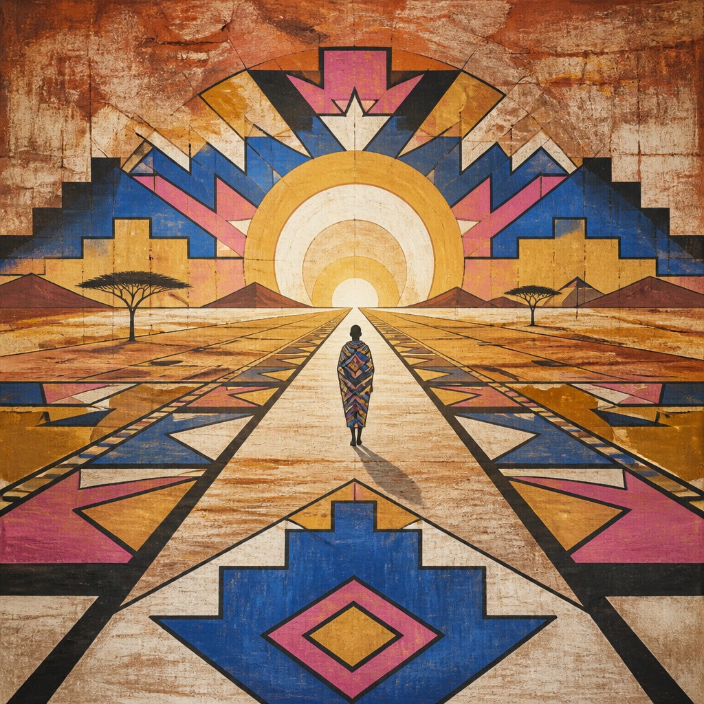 a solitary figure walking toward a glowing horizon across an empty plain, moody atmosphere, no text or lettering