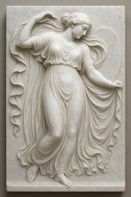 a white sculpture of a woman holding a fan