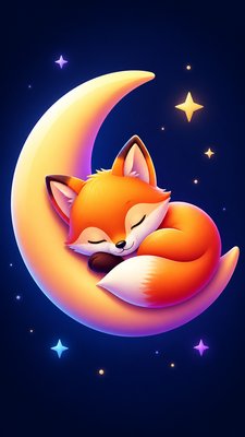 a sleeping baby fox curled on a crescent moon among soft stars, gentle and warm, no text