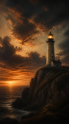 a lone lighthouse on a cliff at dusk under a dramatic sky, no text or lettering