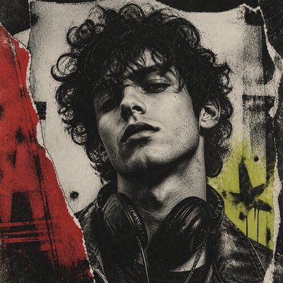 head-and-shoulders portrait of an original character: a young man with curly dark hair and headphones around his neck, plain backdrop, no text