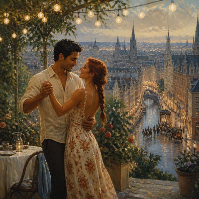 an original couple dancing under string lights in a garden at dusk: a man with short black hair in a linen shirt and a woman with braided red hair in a summer dress